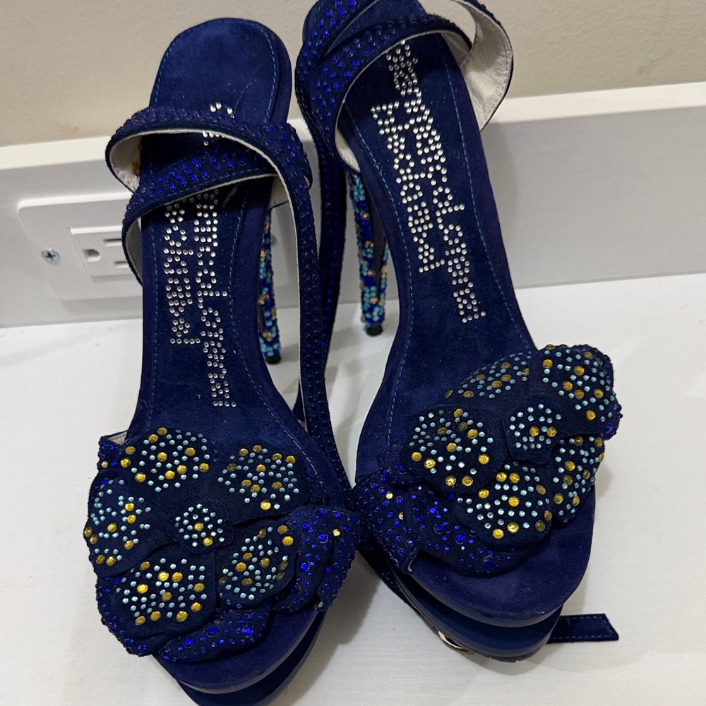 Gianmarco Lorenzi black label Navy Blue Embellished Heels size 38